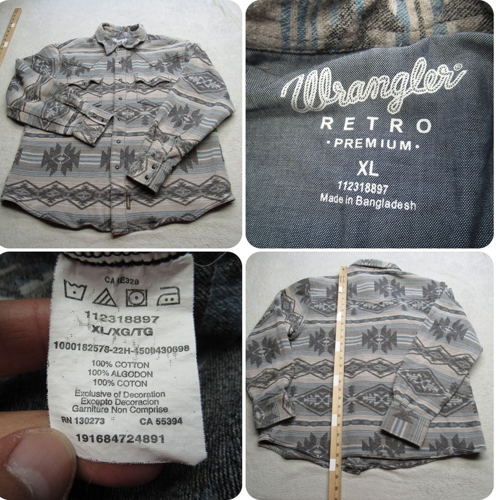 Vintage Wrangler Flannel Pearl Snap Mens XL Gray Aztec Heavy Southwestern Shirt